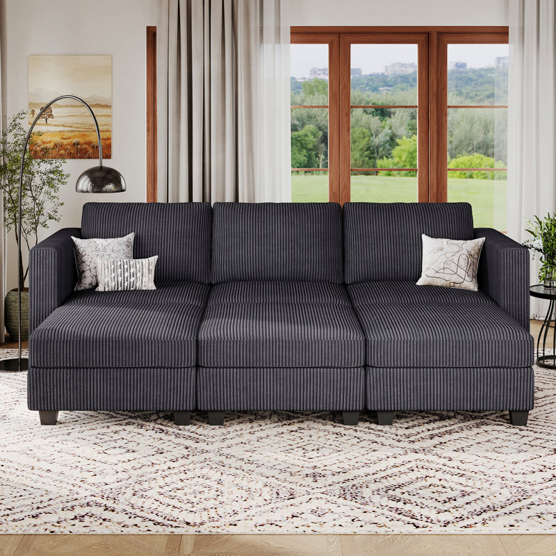 7-piece 83.4” wide modular corduroy sofa bed for apartment living room bedroom, Velours côtelé beige