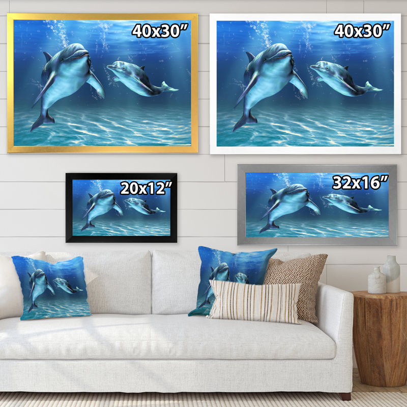 Deux dauphins bleus - Impression sur toile, H 24 po x l 32 po, Cadre noir