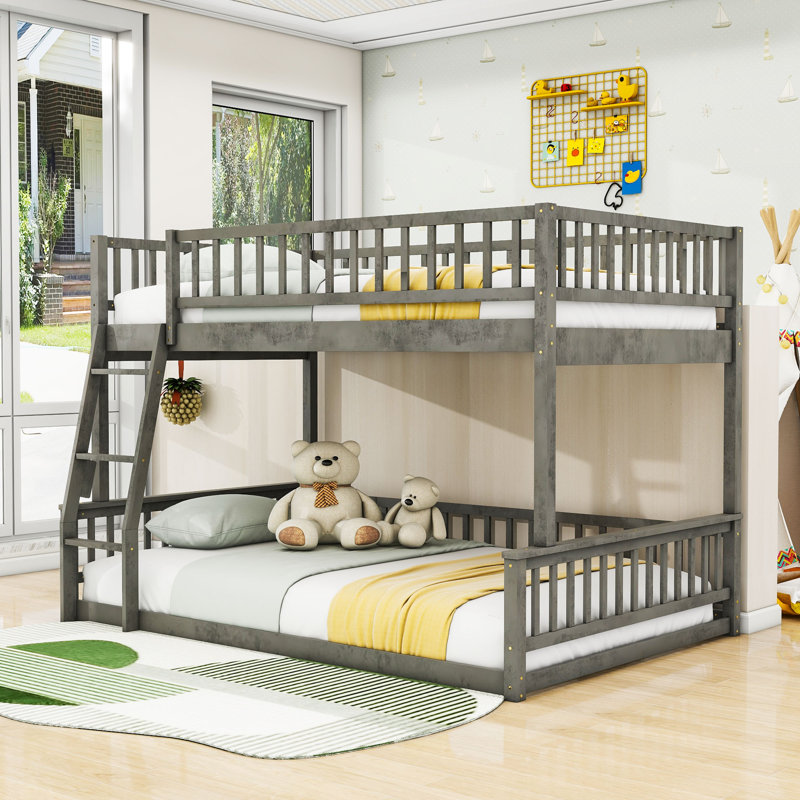 Josip Full XL Over Queen Solid Pine Wood Bunk Bed With Ladder, Guardrails, Gray