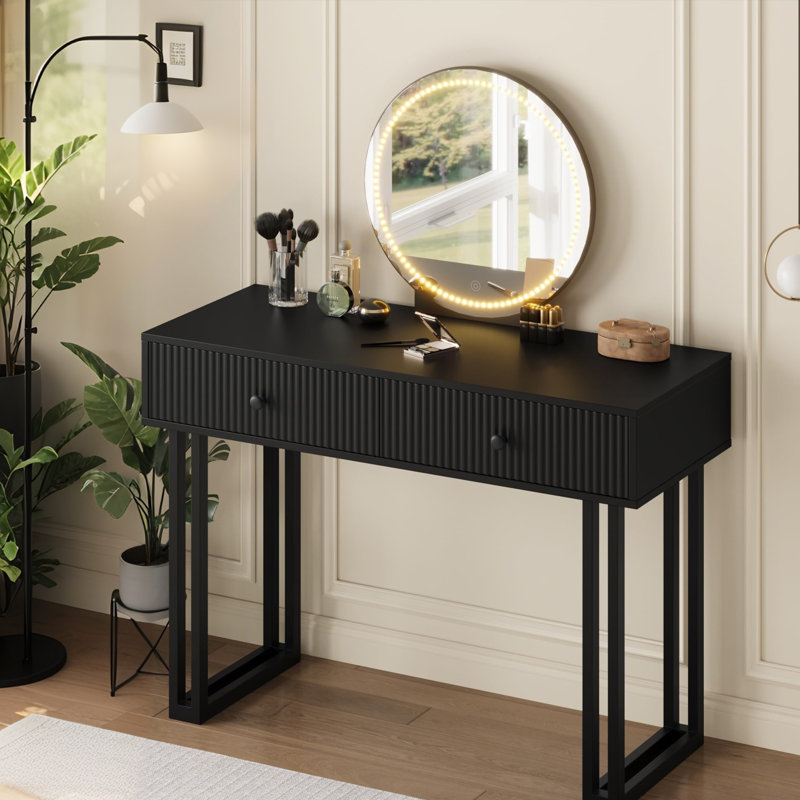 Modern Vanity Desk with Round HD Lighted Mirror, 3-Color LED, 2 Drawers & Shelf – Compact Makeup Table for Bedroom, Black