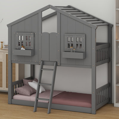 Lit superposé House avec toit, fenêtre, boîte de fenêtre, porte, avec barrières de sécurité et échelle