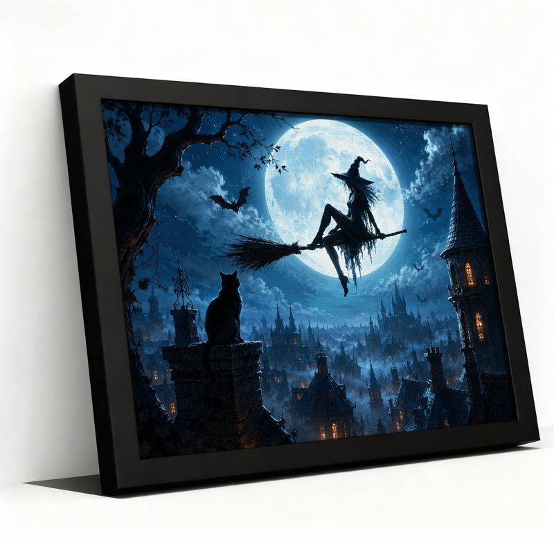 «Witch on Broomstick Over Gothic City Under Full Halloween», art mural sur toile, H 24 po x l 36 po