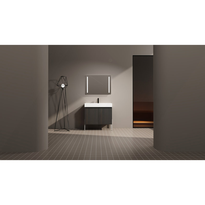 Meuble-lavabo autoportant avec lavabo en résine, armoire de rangement avec portes à fermeture douce, 35"
