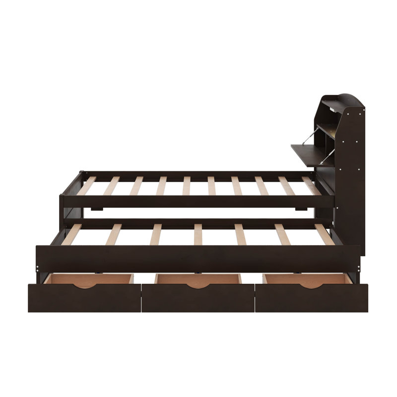 Lit plateforme en bois avec lit gigogne, tête de lit et tiroirs à DEL, Lit simple, Espresso