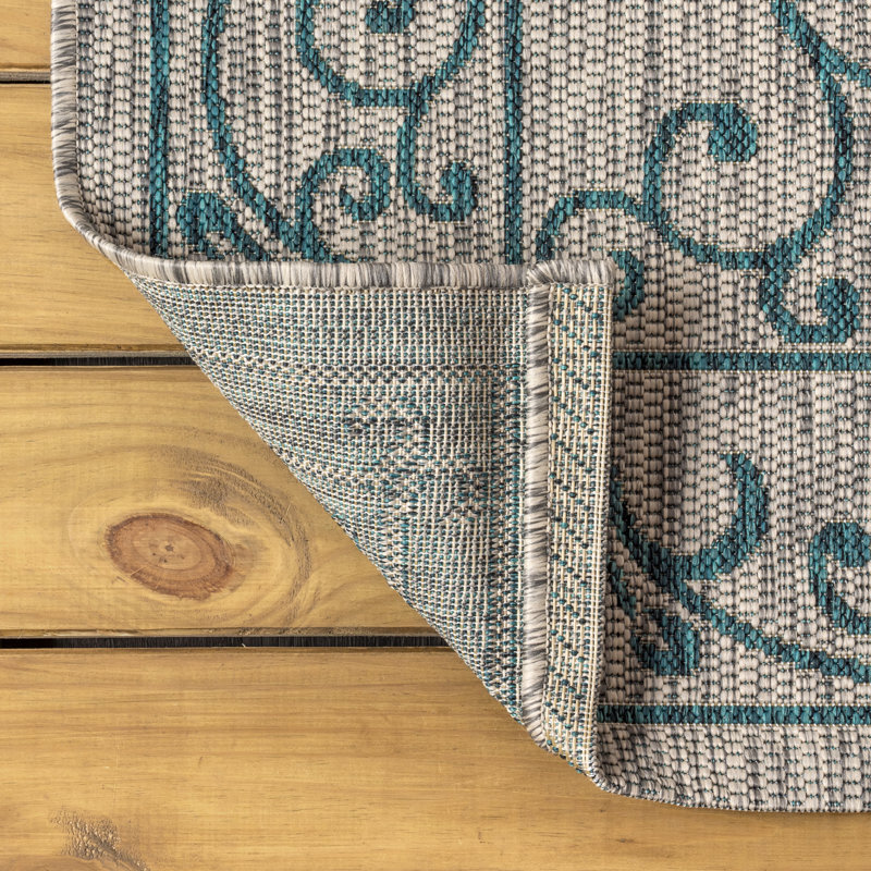 Hagerman Vintage Filigree Textured Weave Gray/Teal Indoor/Outdoor Rug, Round 7'9"