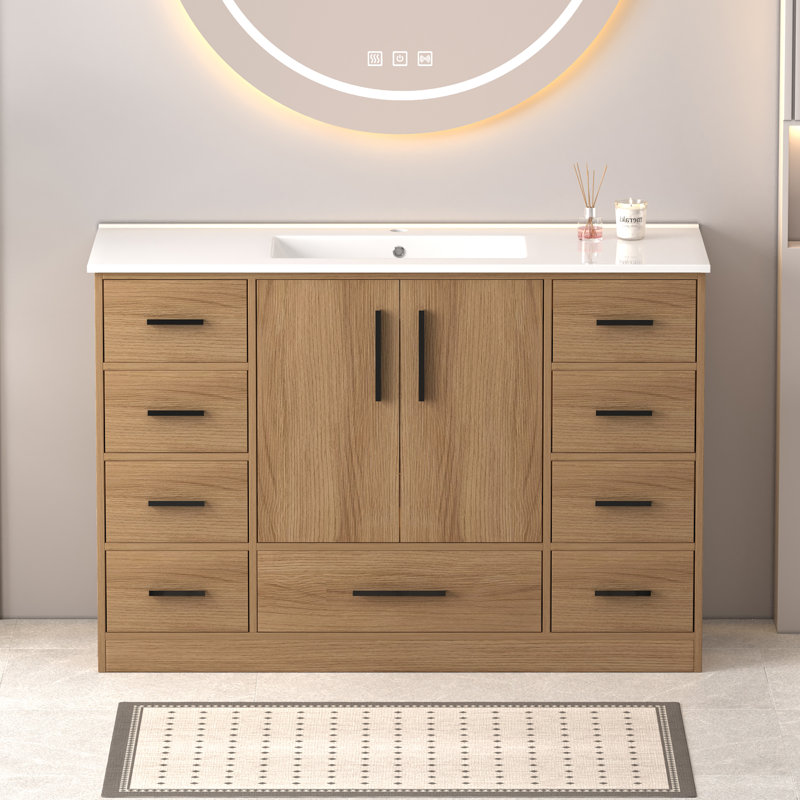 48" Light Oak Bathroom Vanity with Resin Single Sink, 2 Soft-Close Doors and 9 Drawers, Light Oak