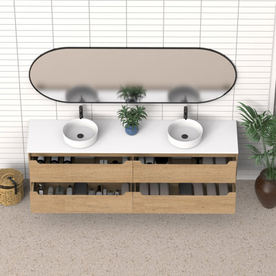 84" Wall-Mounted Bathroom Vanity With White Quartz Countertop And Double Vessel Sinks