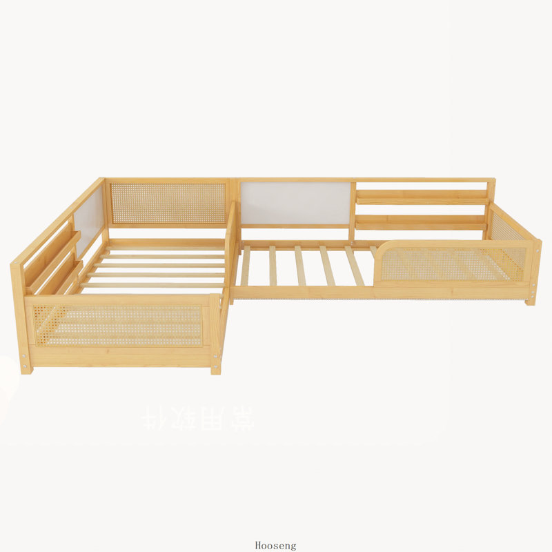 Cadre de lit simple en forme de L pour 2 enfants, lits convertibles détachables avec tableaux blancs, lit pour enfants en rotin avec bibliothèques et lumières, naturel