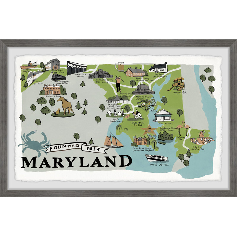 Gray Maryland - Reproduction d'art graphique sur papier encadré, H 12 po x l 18 po x 1,5 po
