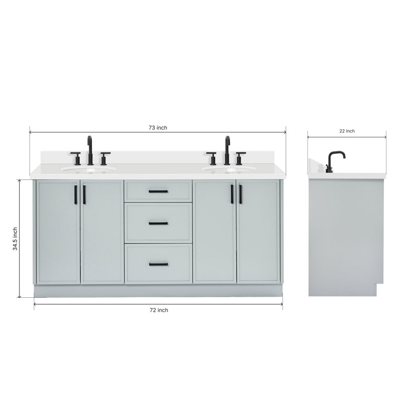 ARIEL Kelly 73 Double Sink Bathroom Vanity with Pure Quartz Top, Gray, Oval, Pure White Quartz