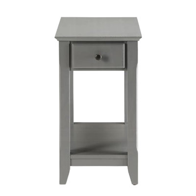 Table d'appoint rectangulaire grise avec un tiroir et une tablette.