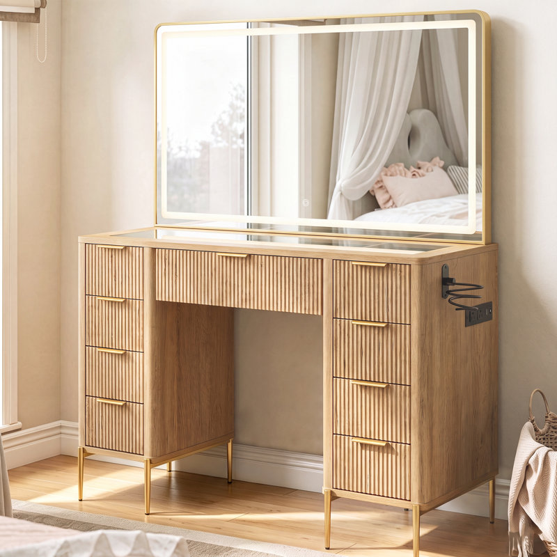 Coiffeuse de maquillage 48 "avec miroir et lumières, coiffeuse de maquillage avec 9 tiroirs avec prise de courant, coiffeuse à éclairage réglable pour chambre à coucher