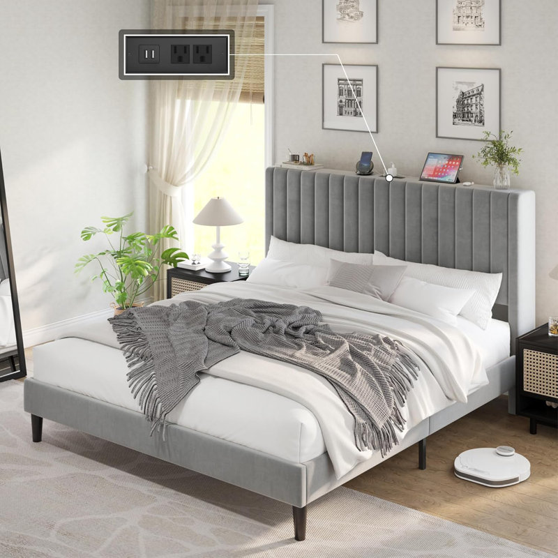 Cadre de lit très grand gris - Lit plateforme tapissier en tissu avec tête de lit