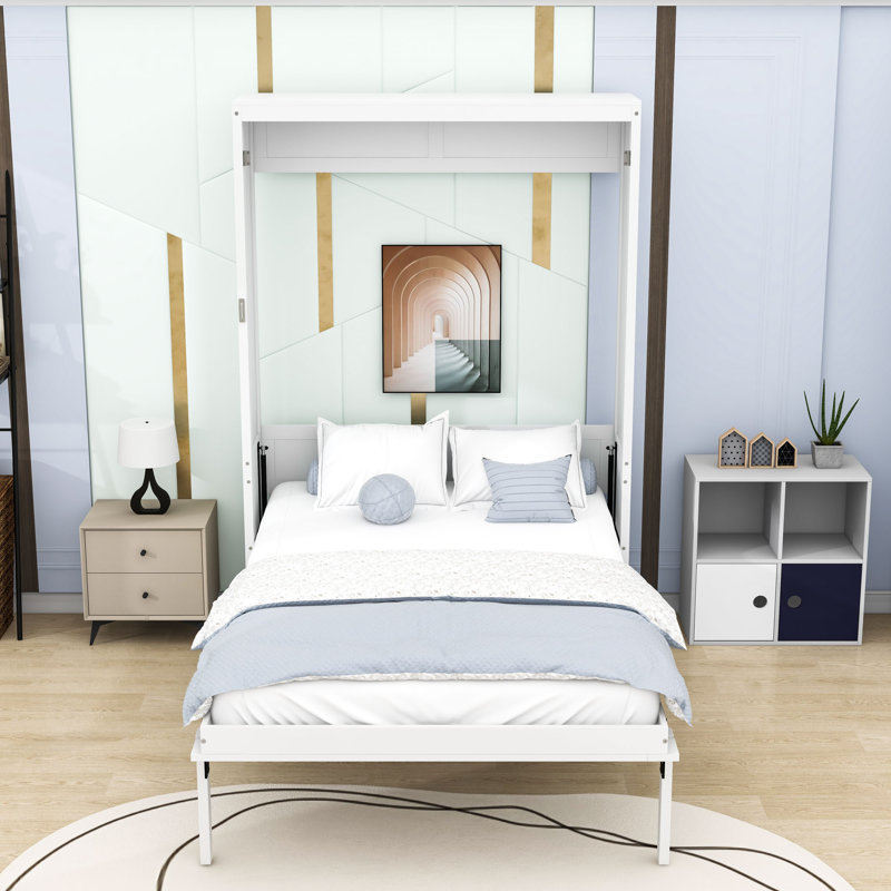 Lit escamotable double en bois avec tête de lit et 2 tiroirs