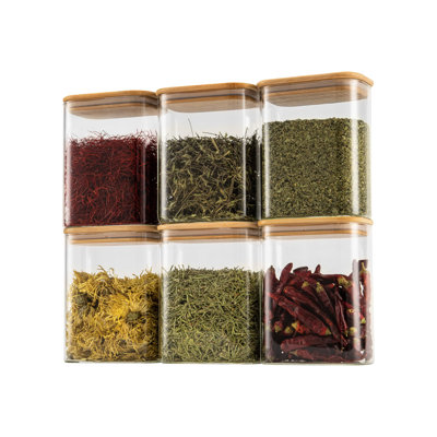 37Oz Rectangle Airtight Glass Storage Containers With Bamboo Lids (Set Of 6), Square Food Storage Jar, Pantry Organizers (‎With Black Lable)