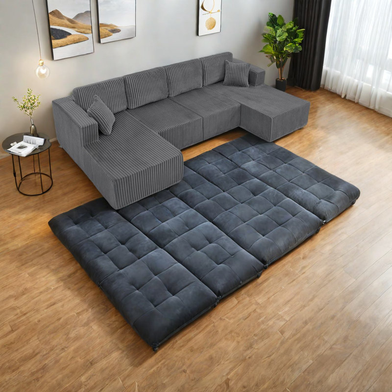 Spacious U-shaped Sectionals, Modern Corduroy Sleeper, Dark Gray