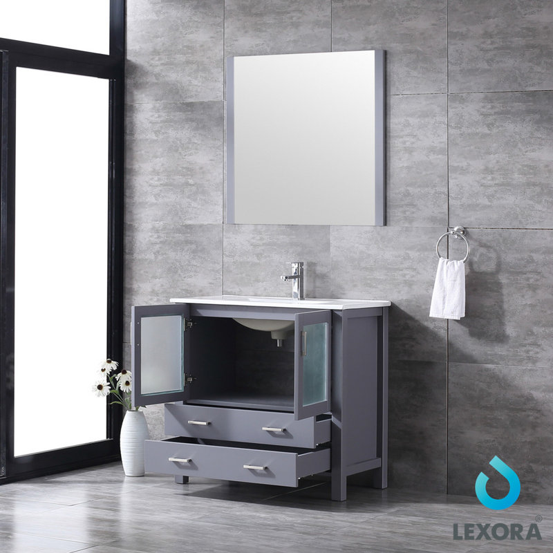 Volez 36 in W x 18.25 in D Single Bath Vanity, White Ceramic Top, 34 in Mirror and Chrome Faucet Set, Dark Grey