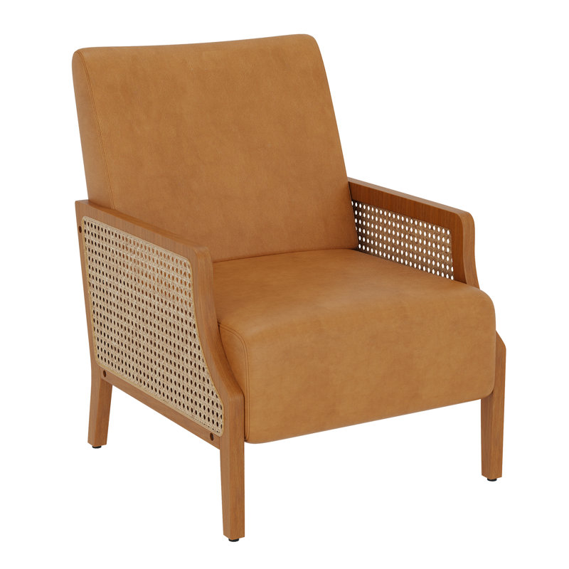 Upholstered Accent Chair With Rattan Arms And Solid Wood Legs, Brown