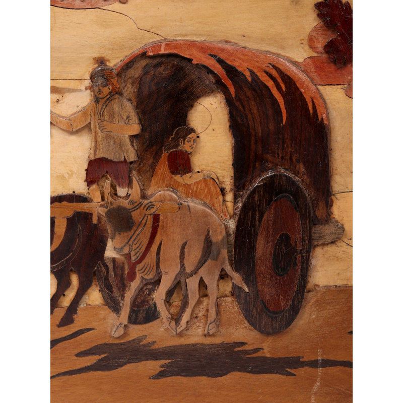 Handcrafted Bullock Cart 3D Wood Inlay Wall Art | 24-Inch Rustic Indian Village Scene Panel