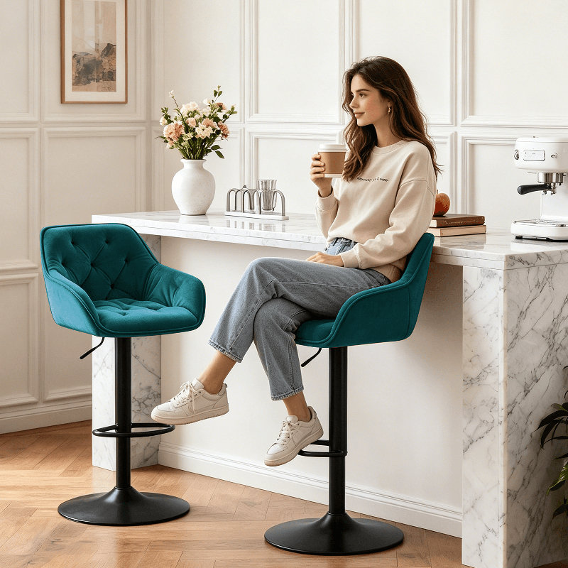 Swivel Velvet Upholstered Adjustable Height Counter Stool, Teal
