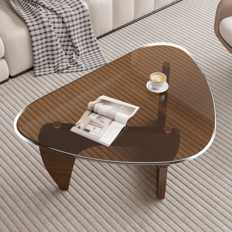 Modern Triangle Coffee Table, Tempered Glass Top & Curved Wooden Base for Living Room, Walnut, Brown Glass