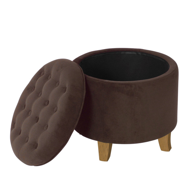 Round Button-Tufted Storage Ottoman, Chocolate Brown Velvet