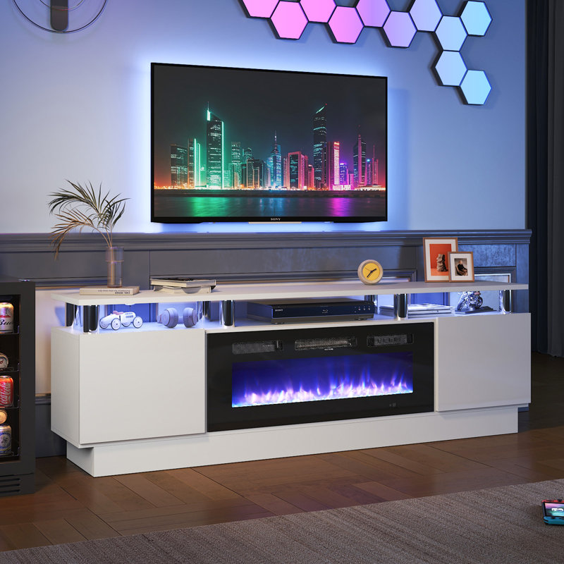 Kazimieras TV Stand with Electric Fireplace, 2-Tier Modern Media Console, White/Black