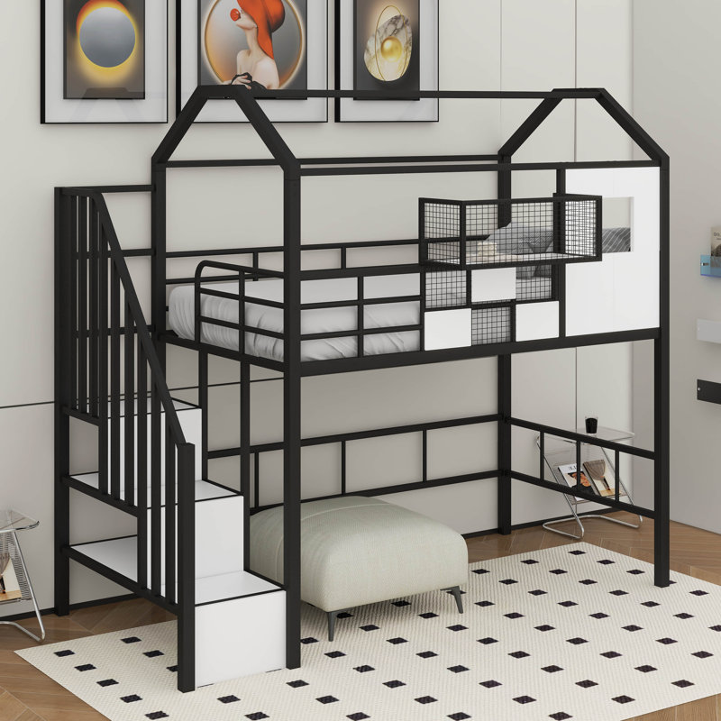 Twin Metal Loft Bed With Roof Design And A Storage Box, Black
