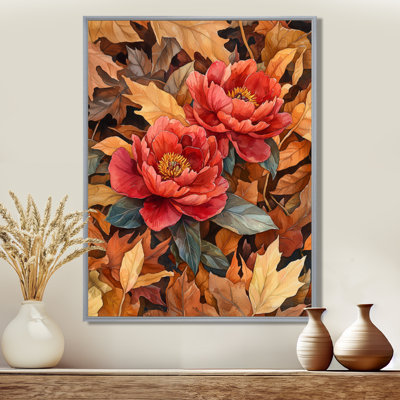 Cantillo, pivoines rouges parmi les feuilles d'automne I - pivoines, art mural