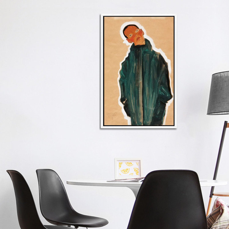 Boy In Green Coat, 1910 by Egon Schiele - Painting on Canvas, 101.6cm H x 66.04cm W x 3.81cm D, White Framed