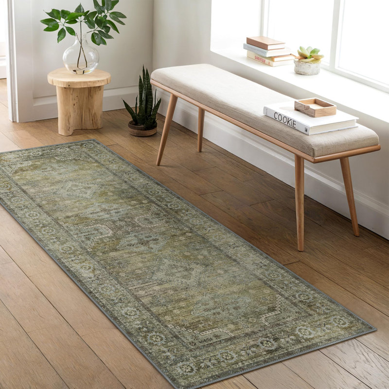 Oriental Sage / Gray Easy Clean Non-Slip Washable Performance Area Rug , Runner 2' x 6'