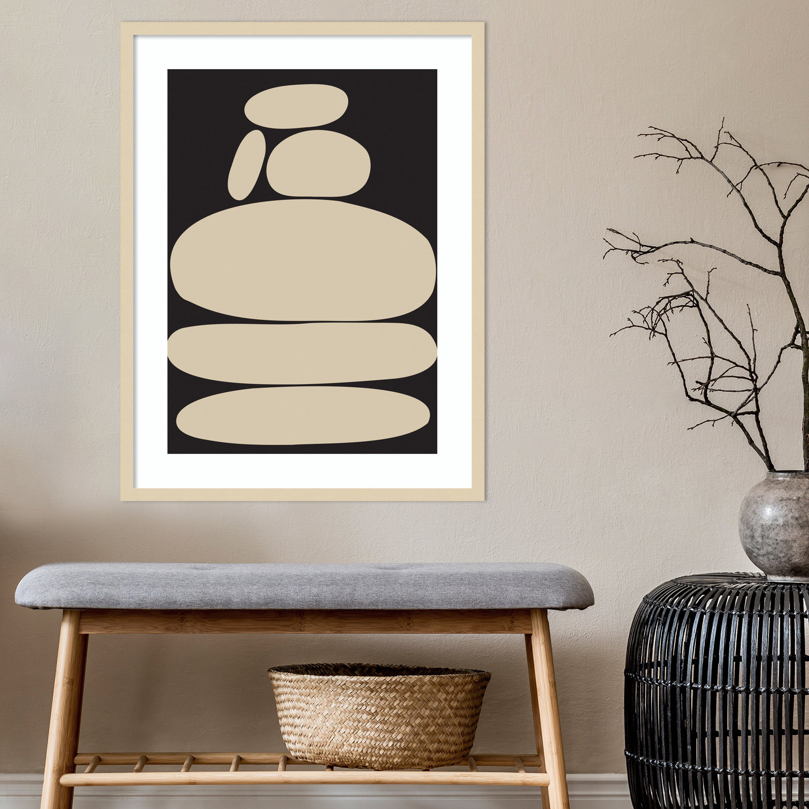 Zen River Rocks Black and Tan Print, Brown Framed, 33" H x 25" W
