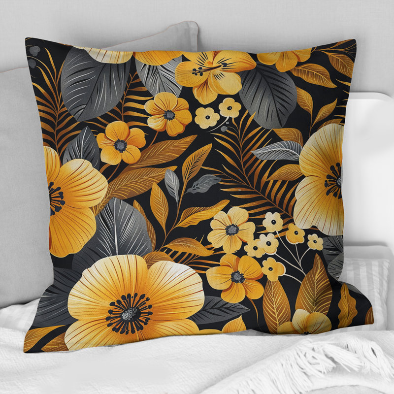 Coussin décoratif fleurs tropicales orange et vert I, H 16 po x l 16 po