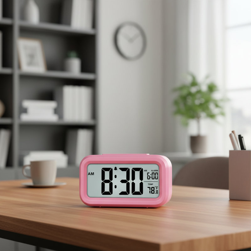 Children's Desk Night Light Alarm Clock, Pink Battery Operated, Digital Indoor Temperature Display, Pink
