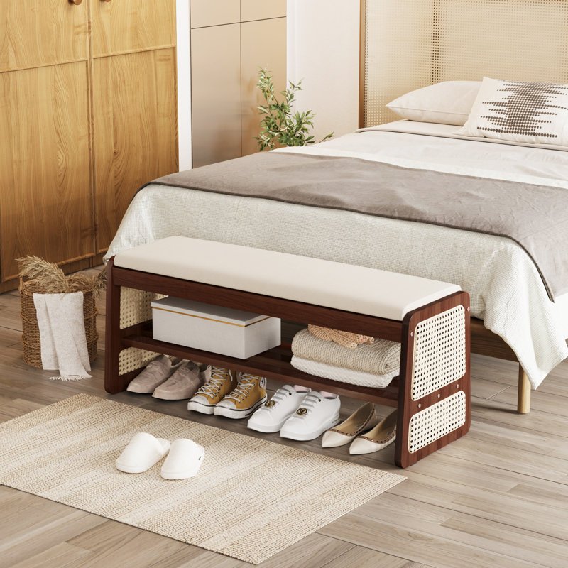 Shoe Storage Bench With Cushion - 2 Tier Shoe Rack For Front Door Entrance, Rattan Shoe Rack, Entryway Bench With Storage For Closet,hallway,bedroom&living Room(walnut, 39.4" W)