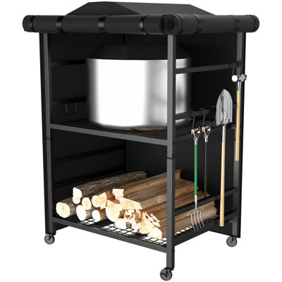 Support extérieur en bois de chauffage avec couvercle, support de rangement réglable en bois robuste avec couvercle imperméable pour patio, cour arrière, foyer