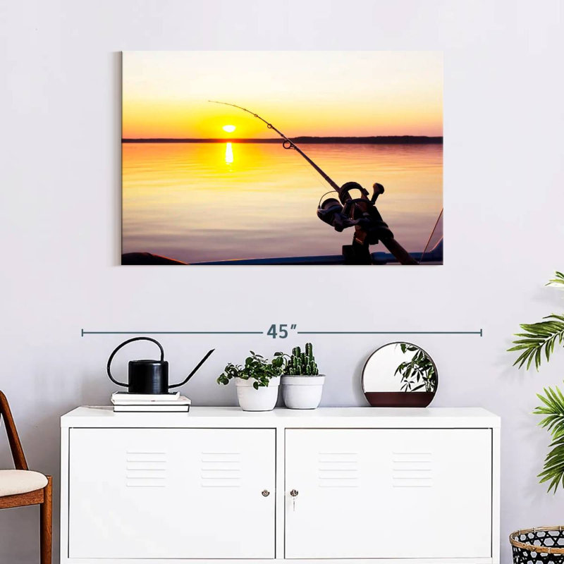 Pêche au coucher du soleil, H 24 po x l 36 po