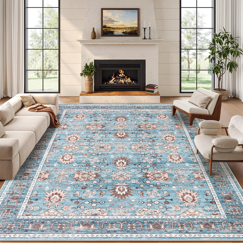 Garvee Area Rug 8x10 Vintage Oriental Rug for Living Room, Thin Washable Carpet with Non Slip Rubber Backing, Soft Non Shedding Floor Covering, Low Pile Foldable Mats for Bedroom, Blue