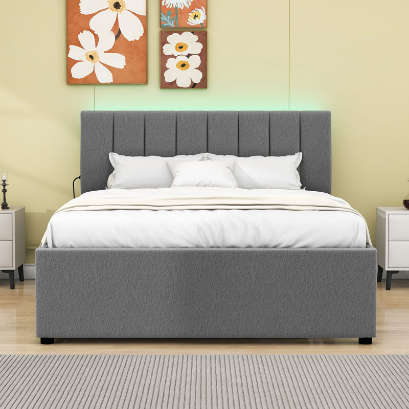 Lit plateforme tapissier avec panneau de particules et gigogne, Double, gris