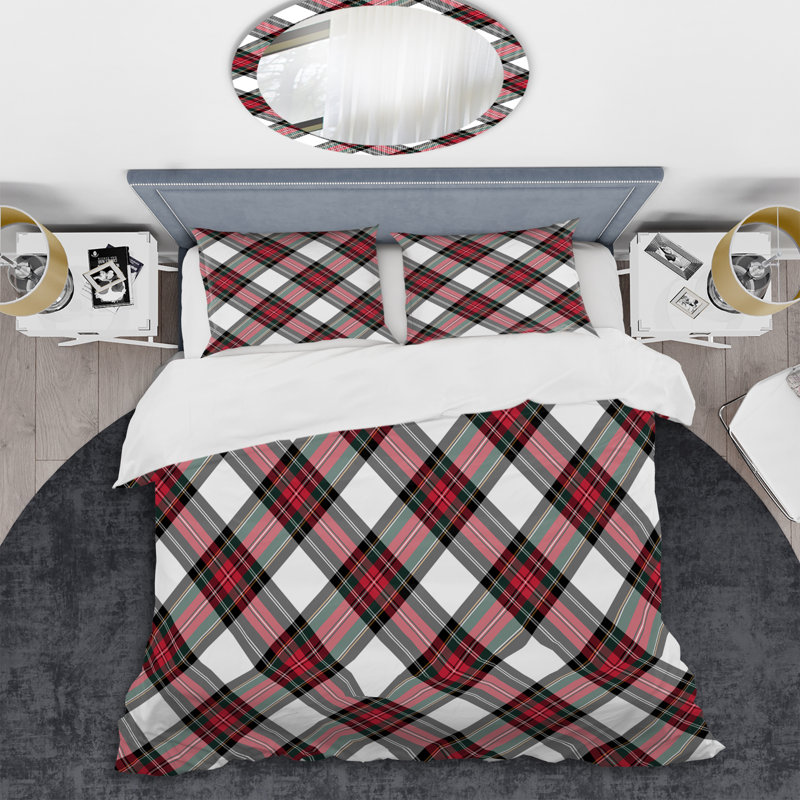 Tartan à carreaux blanc et rouge - Ensemble de housse de couette abstrait - Microfibre de polyester, Rouge / blanc