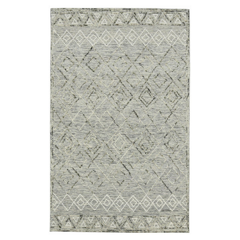 Tapis crocheté à la main argyle en laine noir et ivoire 8 pi x 10 pi