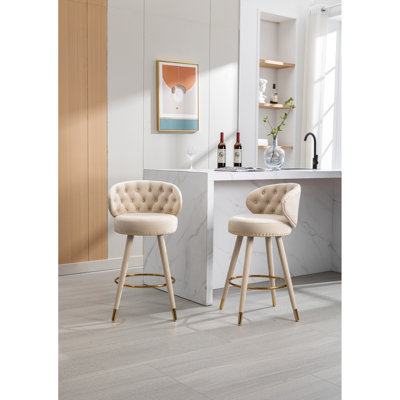 Tabourets de bar à hauteur de comptoir de 2 - construction, revêtement en velours, pieds en bois massif pour une utilisation glamour dans la cuisine