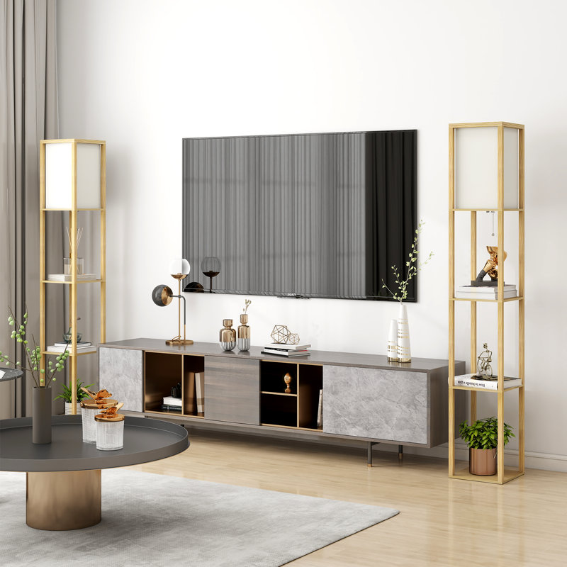 LED Shelf Floor Lamp, Wooden Reading Standing Light with Storage, Living Room Office, Beige