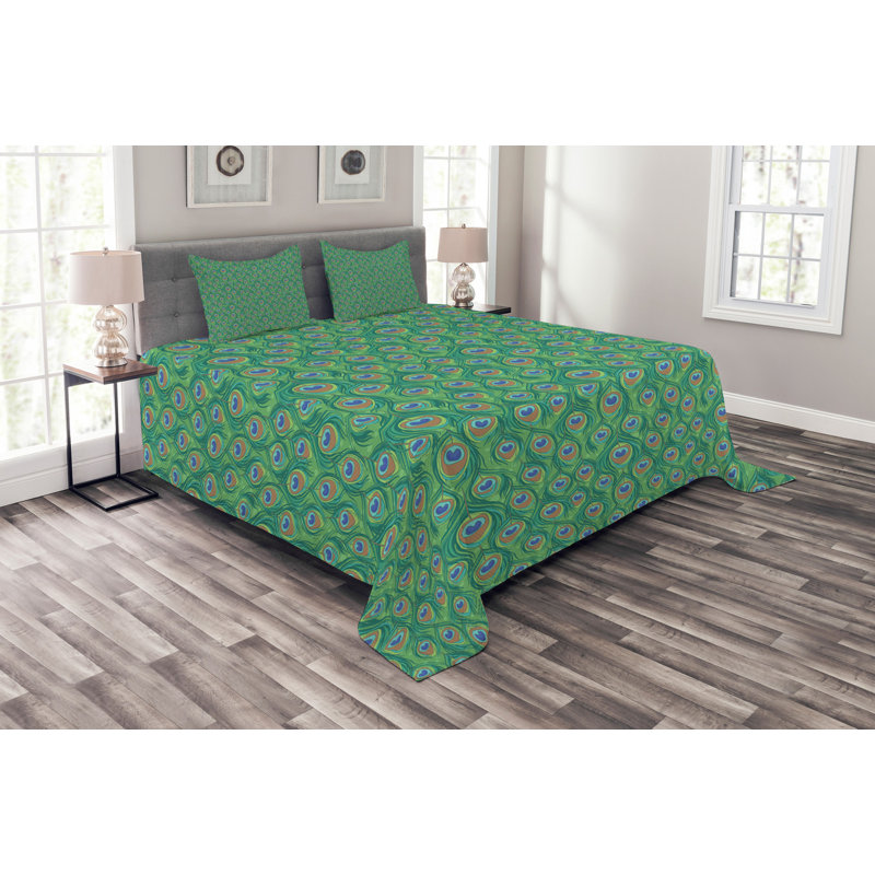 Adinath Green/Orange Microfibre Bedspread Set, 220 x 220 cm Bedspread - 2 Shams