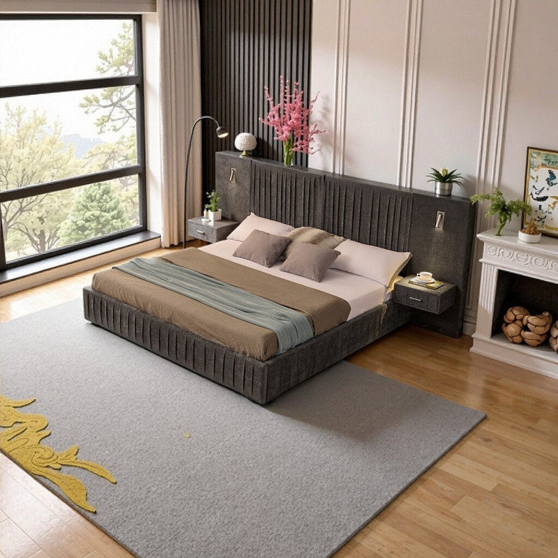 King Size Upholstered Platform Bed with Headboard, Built-in Nightstands & Adjustable Lamps, Gray