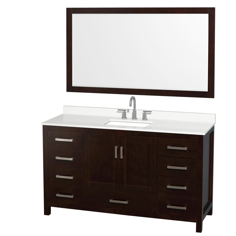 Ensemble de meuble-lavabo simple autoportant 60 po avec plateau en quartz Sheffield et miroir 58 po, Quartz blanc, Brun