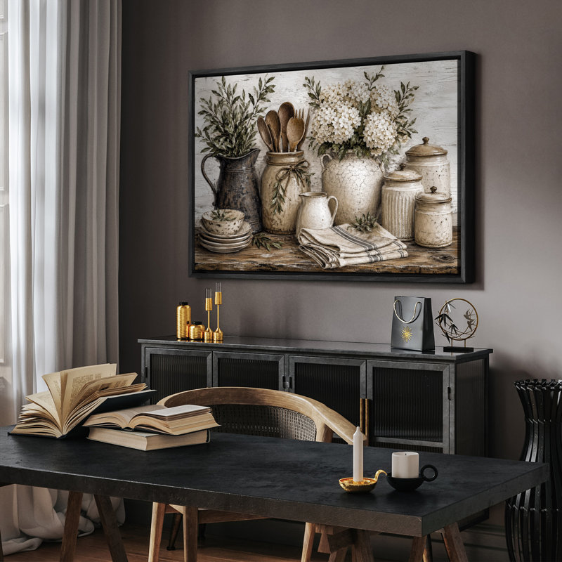 «Rustic Kitchen Still Life Floral Vase Decor», reproduction d'art encadrée, H 16 po x l 24 po, Black