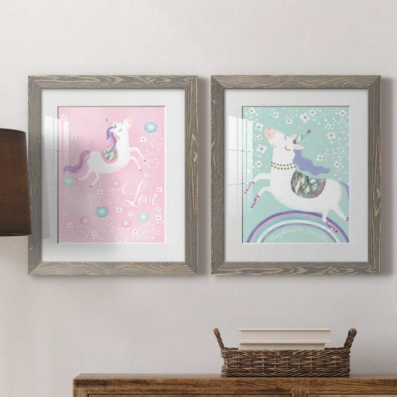 «Love Unicorn», ensemble de 2 impressions, Blanc, H 24 po x l 36 po x P 1,5 po, Cadre en papier gris