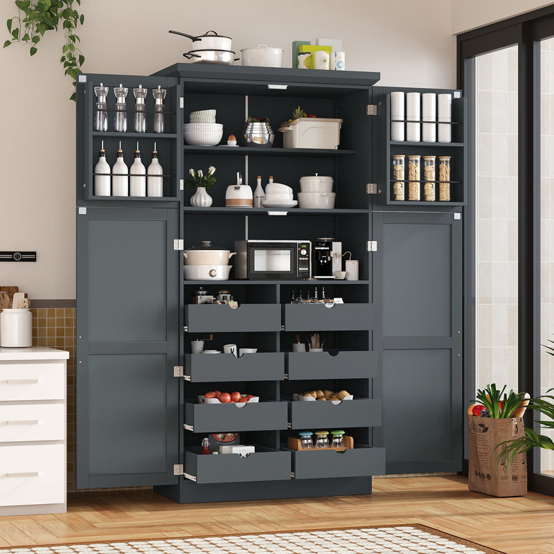 Armoire de cuisine autoportante, armoire de rangement haute avec 4 portes, 2 tablettes de porte, 8 plateaux coulissants et tablette réglable
