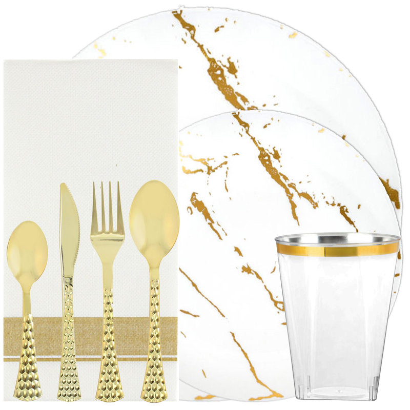 Ensemble de vaisselle de table en plastique jetable Ecoqualité pour 10 personnes, Blanc / Doré